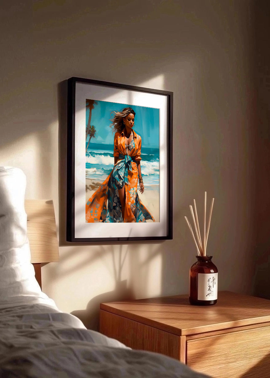Cuadro Mujer en la playa - vestido naranja