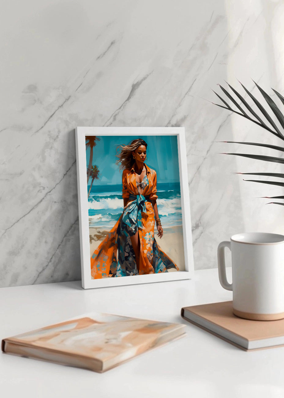 Cuadro Mujer en la playa - vestido naranja
