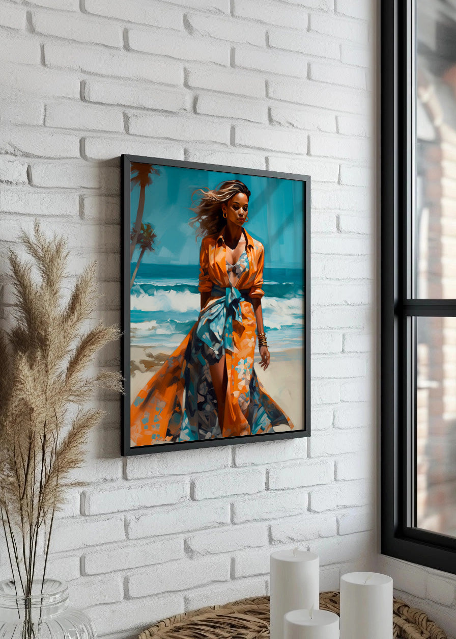 Cuadro Mujer en la playa - vestido naranja