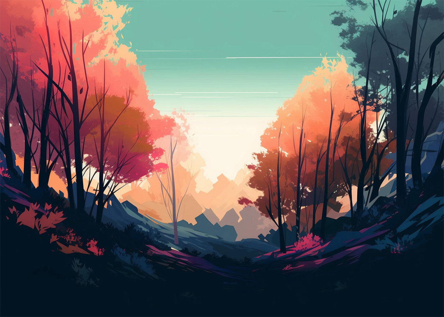 Cuadro Paisaje boscoso neón