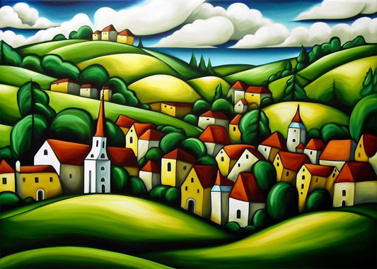 Cuadro Paisaje de colinas y casas