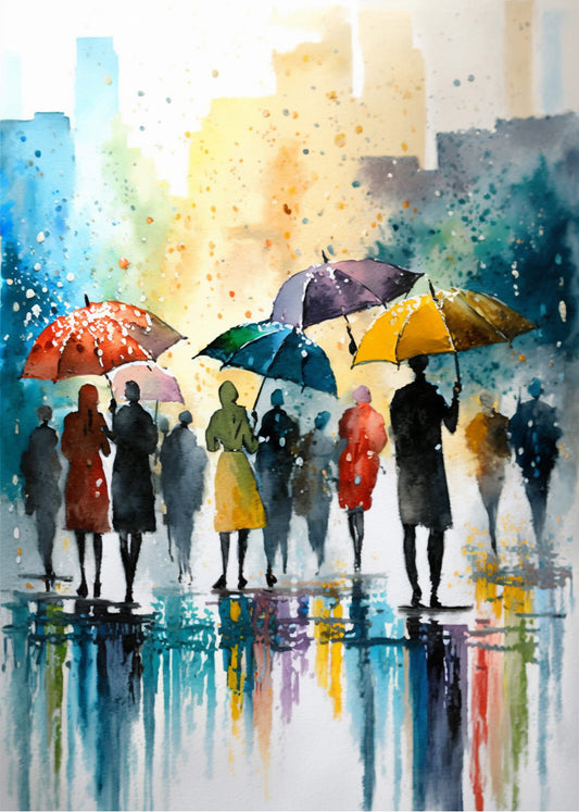 Cuadro Sociedad bajo la lluvia acuarela