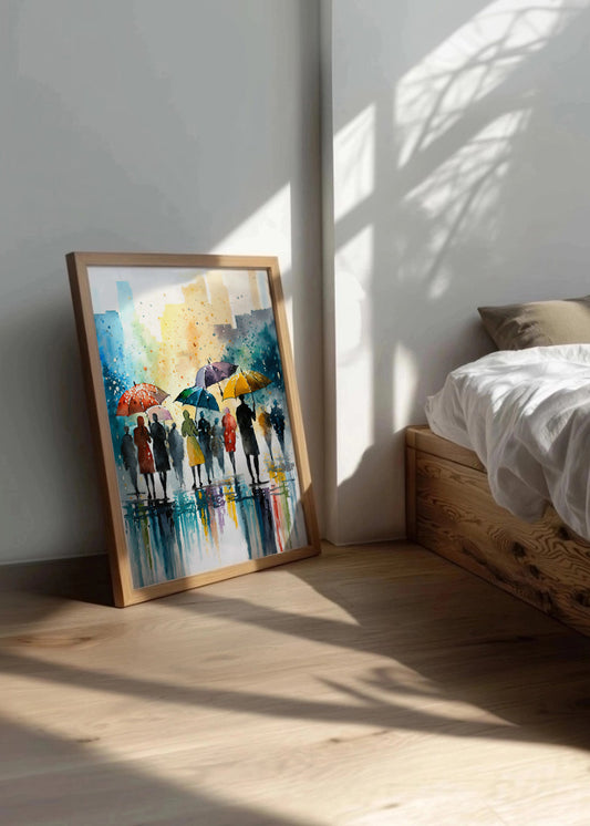 Cuadro Sociedad bajo la lluvia acuarela