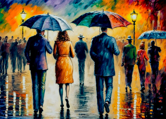 Cuadro Paseo de paraguas bajo la lluvia