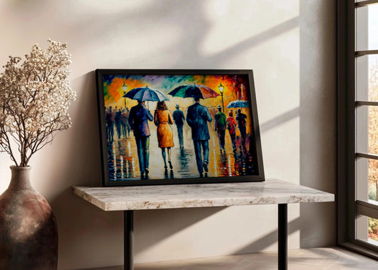 Cuadro Paseo de paraguas bajo la lluvia