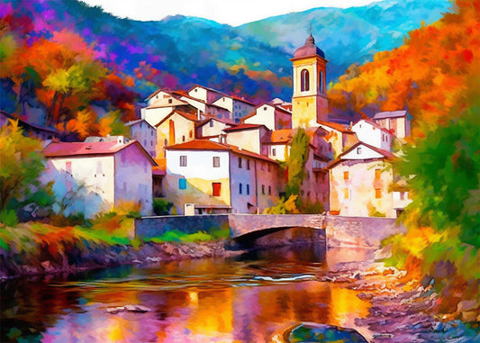 Cuadro Pueblo con iglesia sobre el río