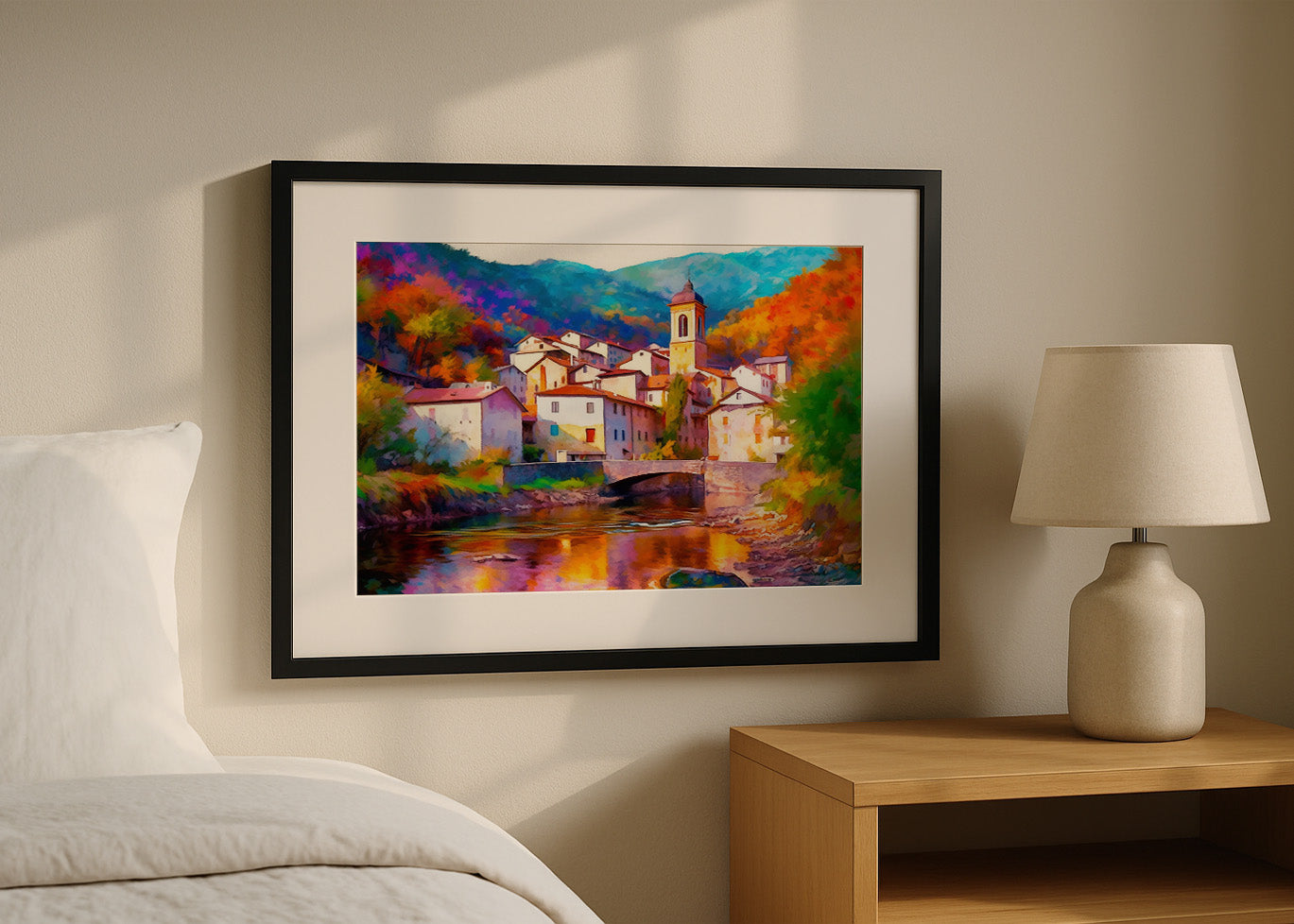 Cuadro Pueblo con iglesia sobre el río