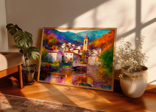 Cuadro Pueblo con iglesia sobre el río