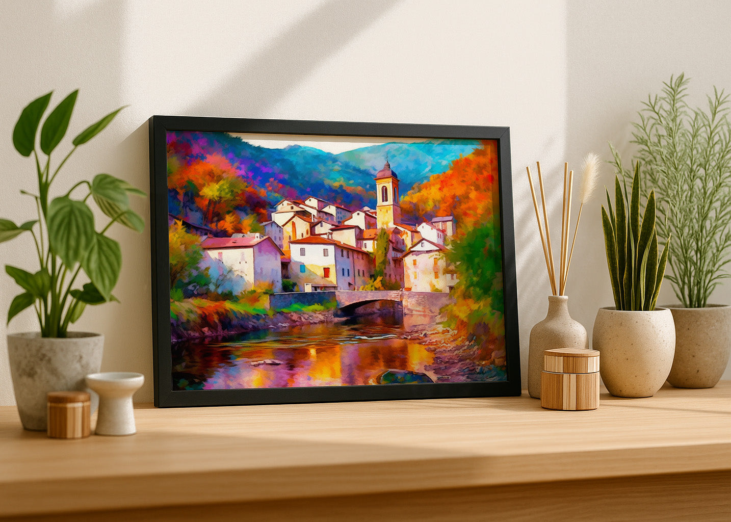 Cuadro Pueblo con iglesia sobre el río