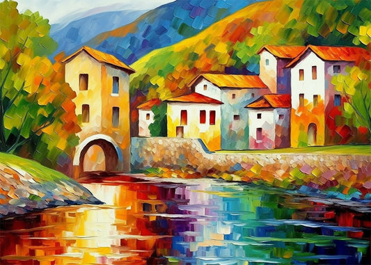 Cuadro Río bajo el pueblo impresionista