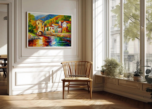 Cuadro Río bajo el pueblo impresionista