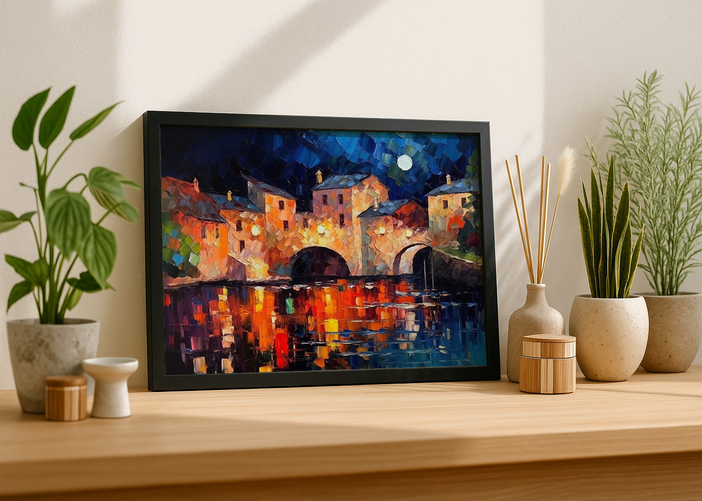 Cuadro Río del pueblo por la noche