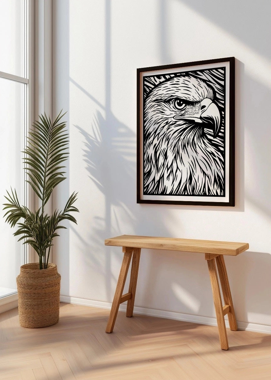 Cuadro ​Águila diseño Linocut - blanco y negro