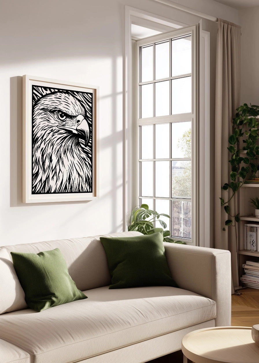 Cuadro ​Águila diseño Linocut - blanco y negro