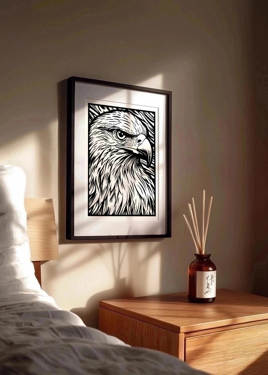 Cuadro ​Águila diseño Linocut - blanco y negro