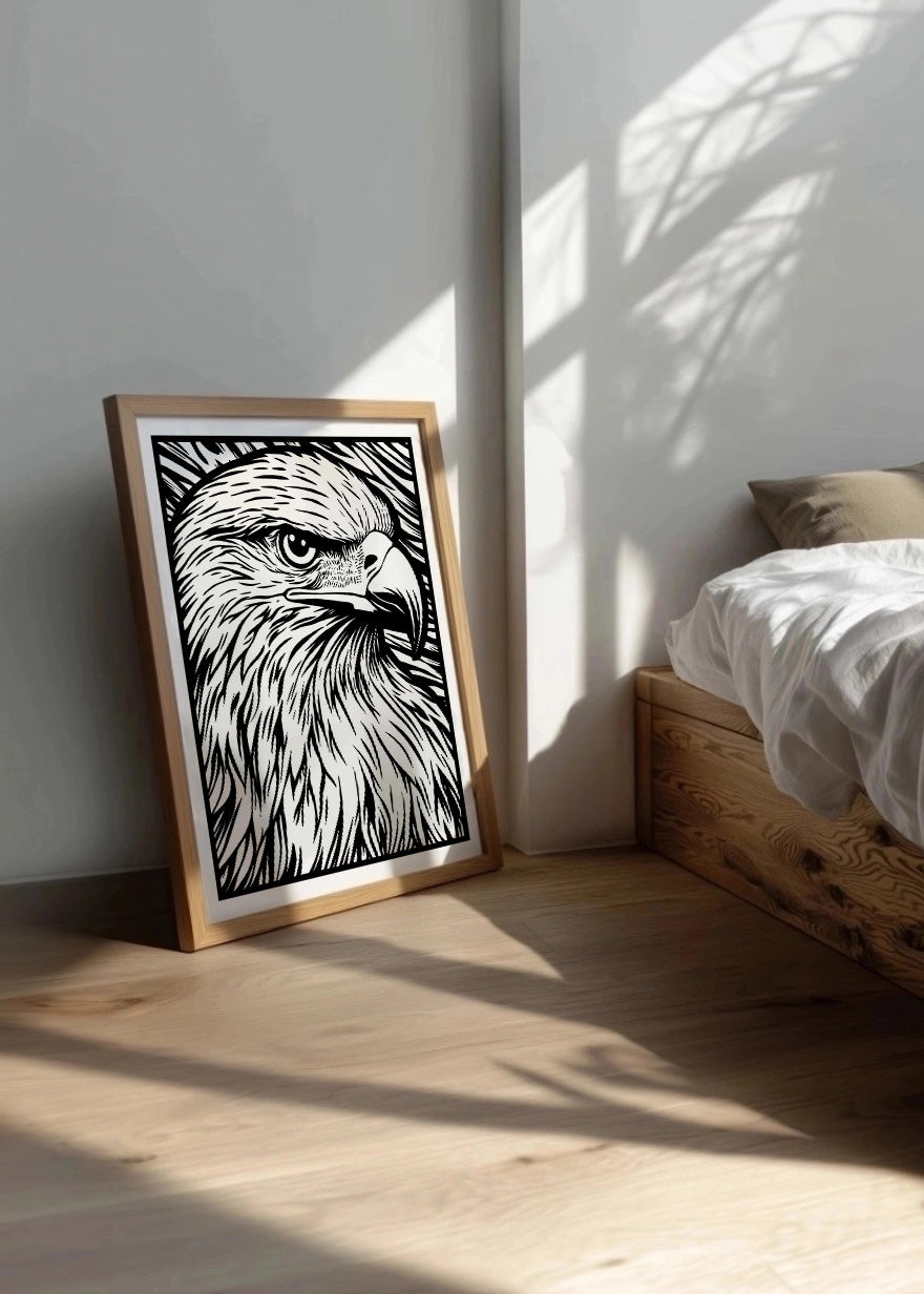 Cuadro ​Águila diseño Linocut - blanco y negro