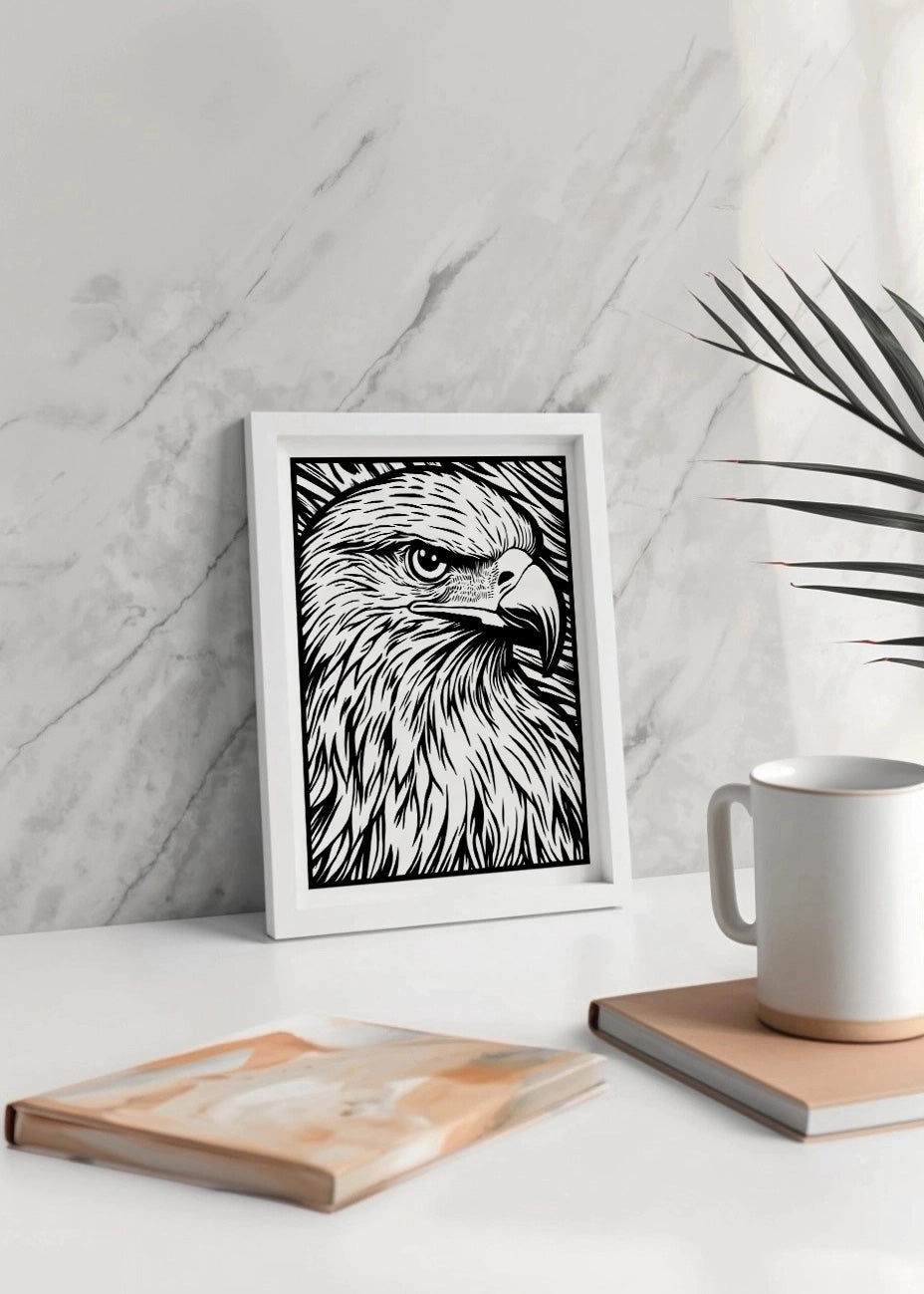 Cuadro ​Águila diseño Linocut - blanco y negro
