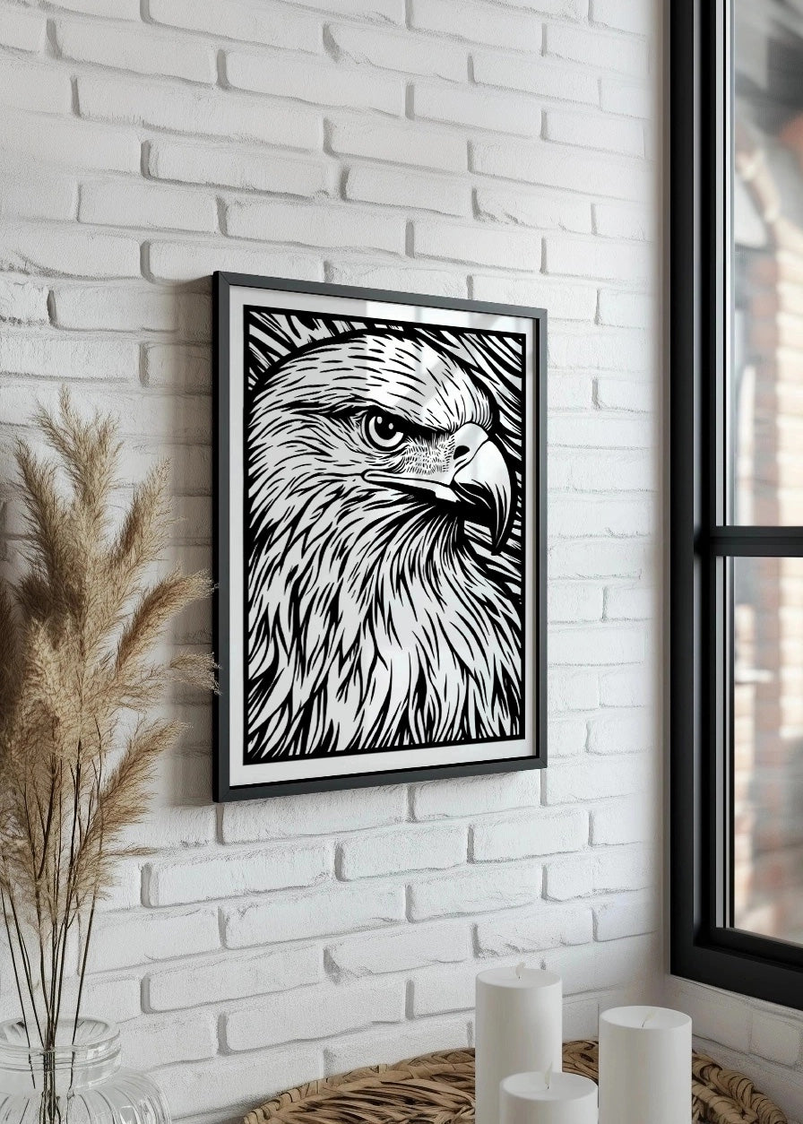 Cuadro ​Águila diseño Linocut - blanco y negro