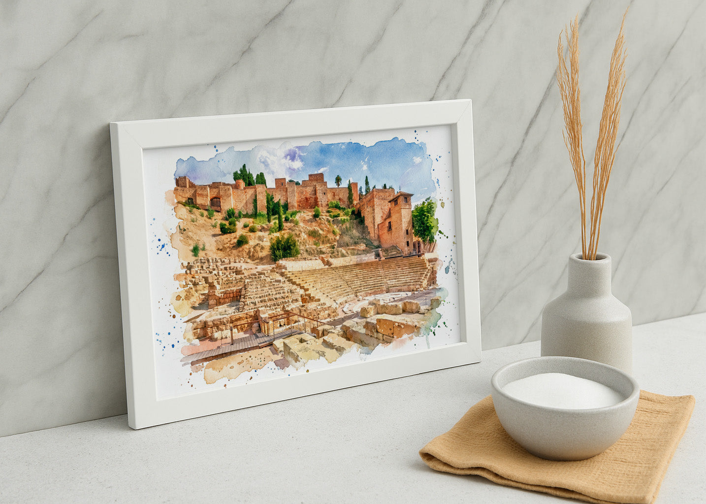 Cuadro Alcazaba y teatro romano de Málaga efecto acuarela