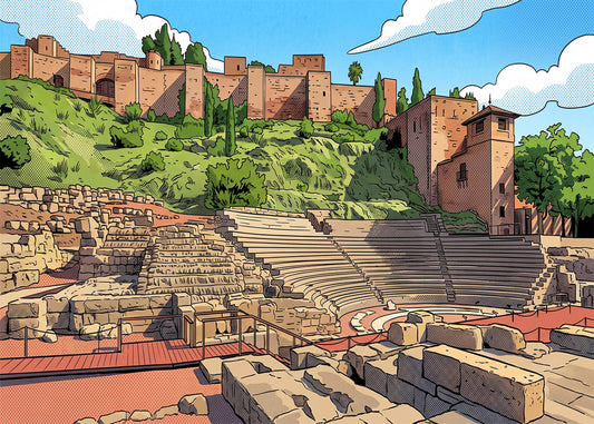 Cuadro Alcazaba y teatro romano de Málaga efecto lápiz - Cómic