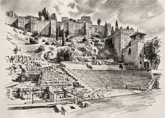 Cuadro Alcazaba y teatro romano de Málaga efecto lápiz