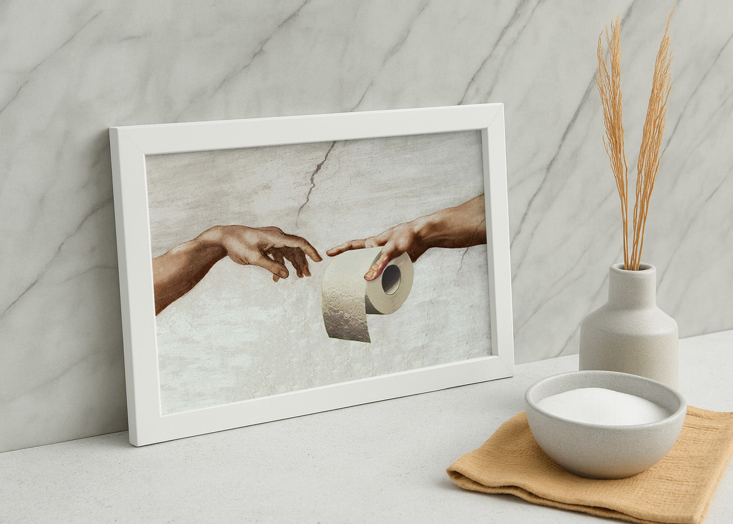 Cuadro ​Para baño : Manos de Dios con papel higiénico
