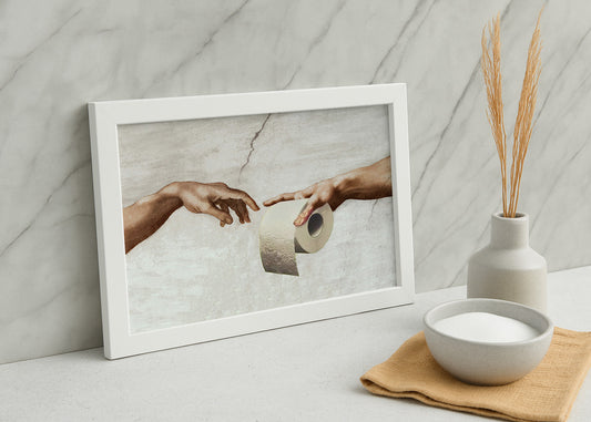 Cuadro ​Para baño : Manos de Dios con papel higiénico