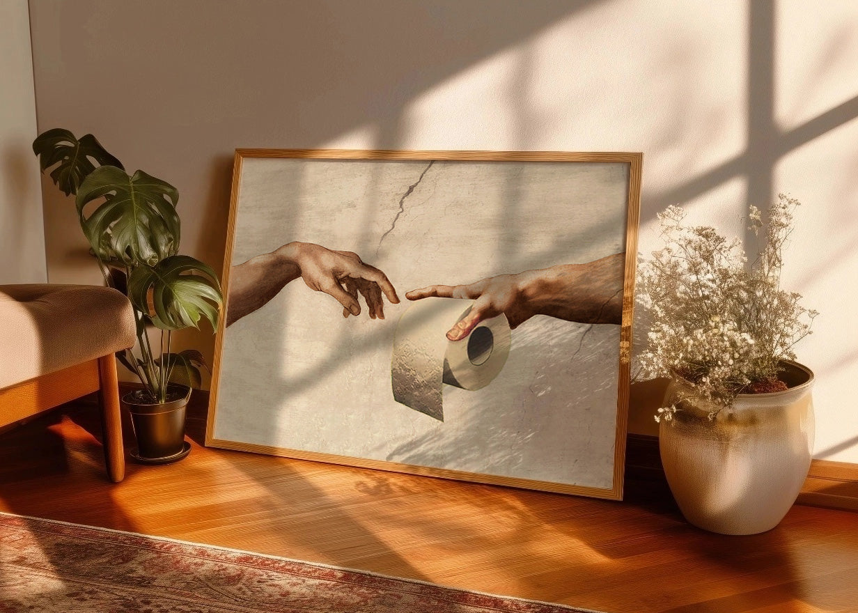 Cuadro ​Para baño : Manos de Dios con papel higiénico