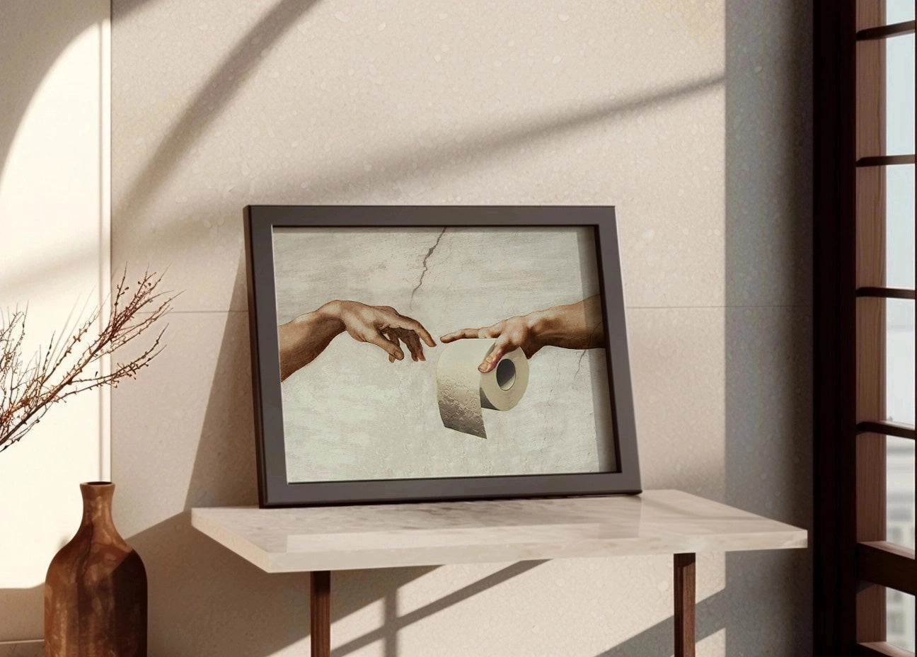 Cuadro ​Para baño : Manos de Dios con papel higiénico