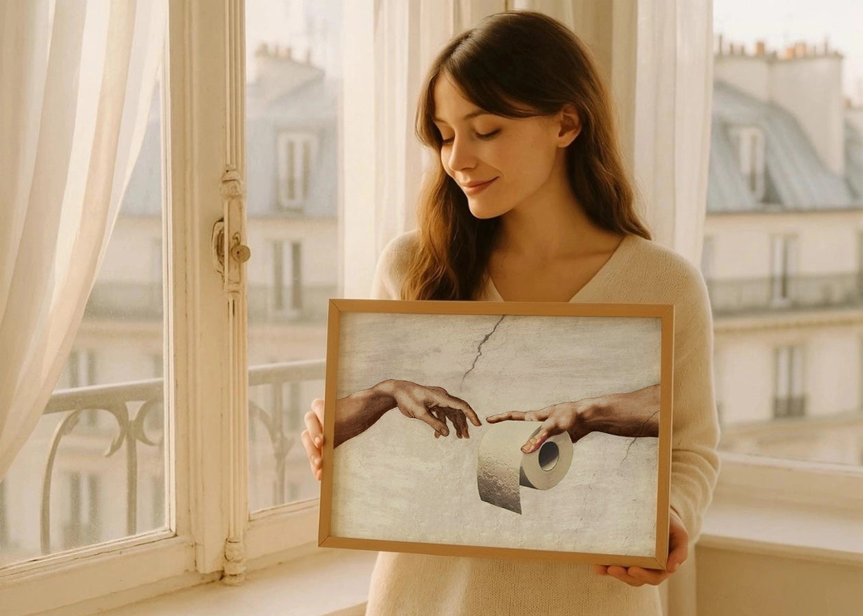 Cuadro ​Para baño : Manos de Dios con papel higiénico