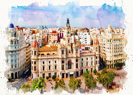 Cuadro Ayuntamiento de Valencia efecto acuarela