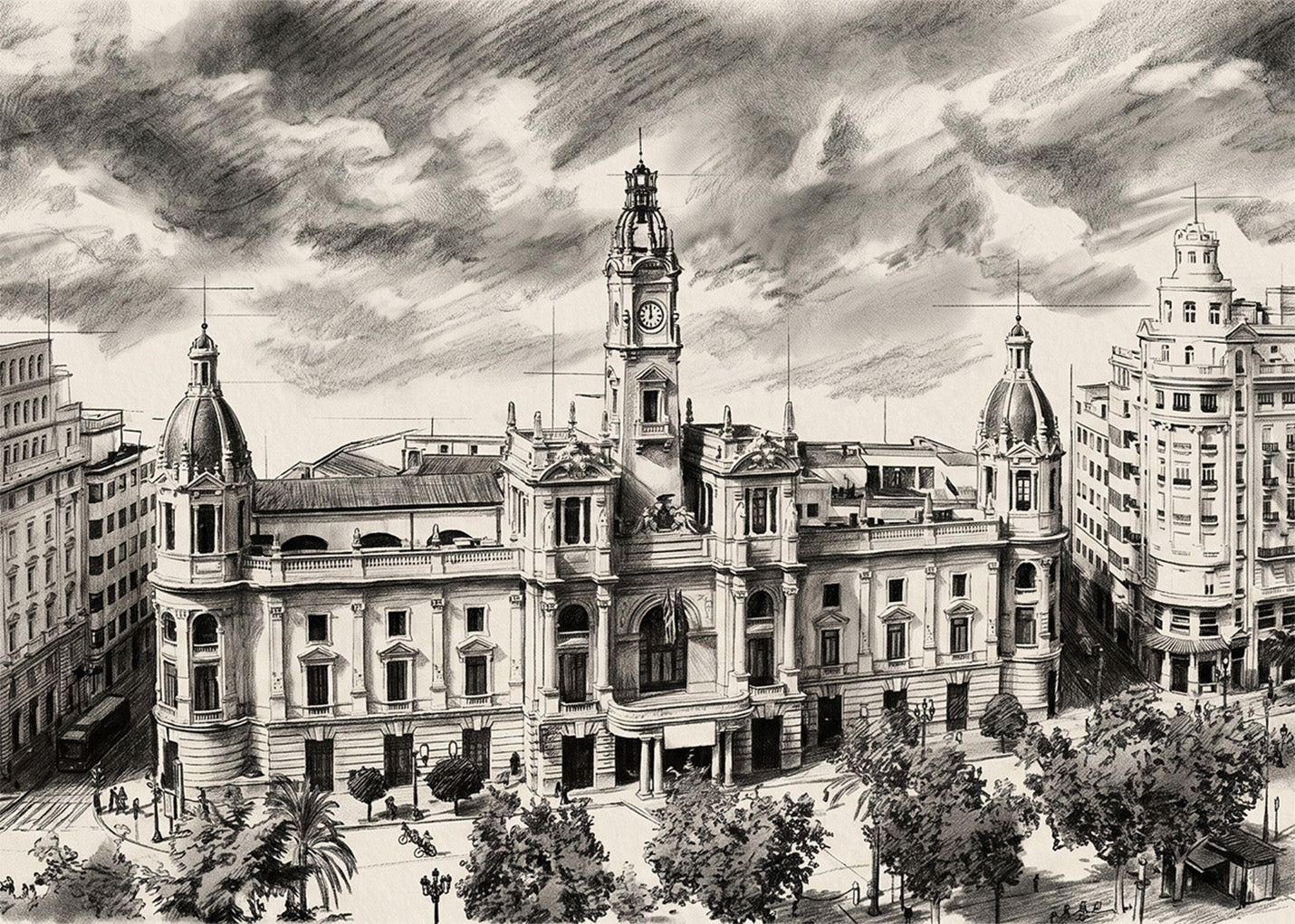 Cuadro Ayuntamiento de Valencia efecto lápiz