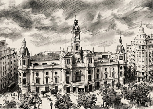Cuadro Ayuntamiento de Valencia efecto lápiz