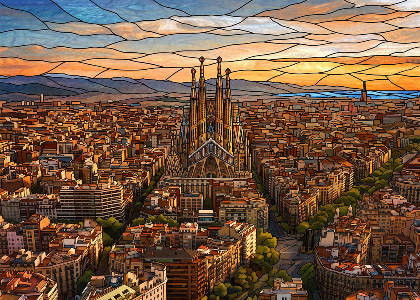 Cuadro Barcelona y La Sagrada Familia efecto vidriera