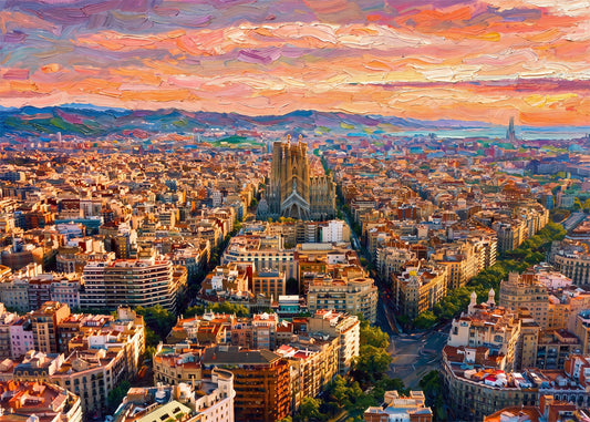 Cuadro Barcelona y Sagrada Familia vista aérea impresionista