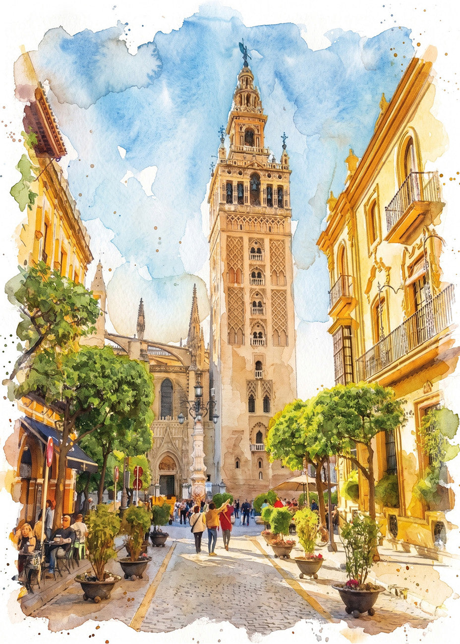 Cuadro Barrio Santa Cruz y Giralda de Sevilla estilo acuarela