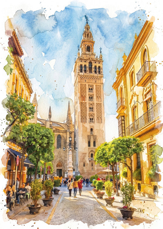 Cuadro Barrio Santa Cruz y Giralda de Sevilla estilo acuarela