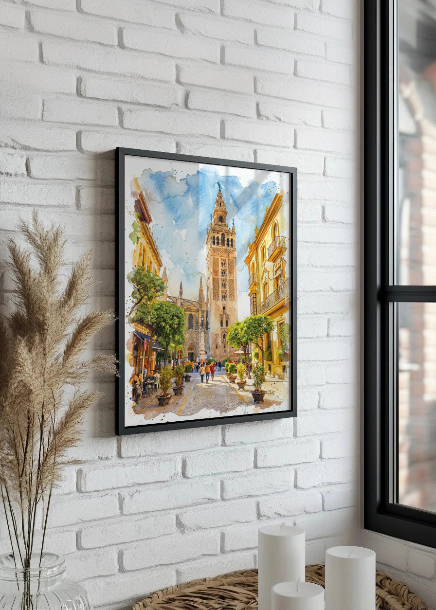 Cuadro Barrio Santa Cruz y Giralda de Sevilla estilo acuarela