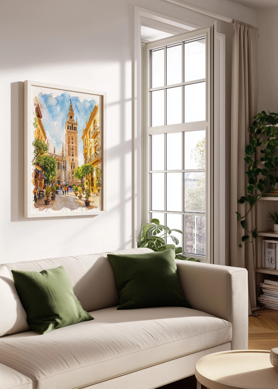 Cuadro Barrio Santa Cruz y Giralda de Sevilla estilo acuarela