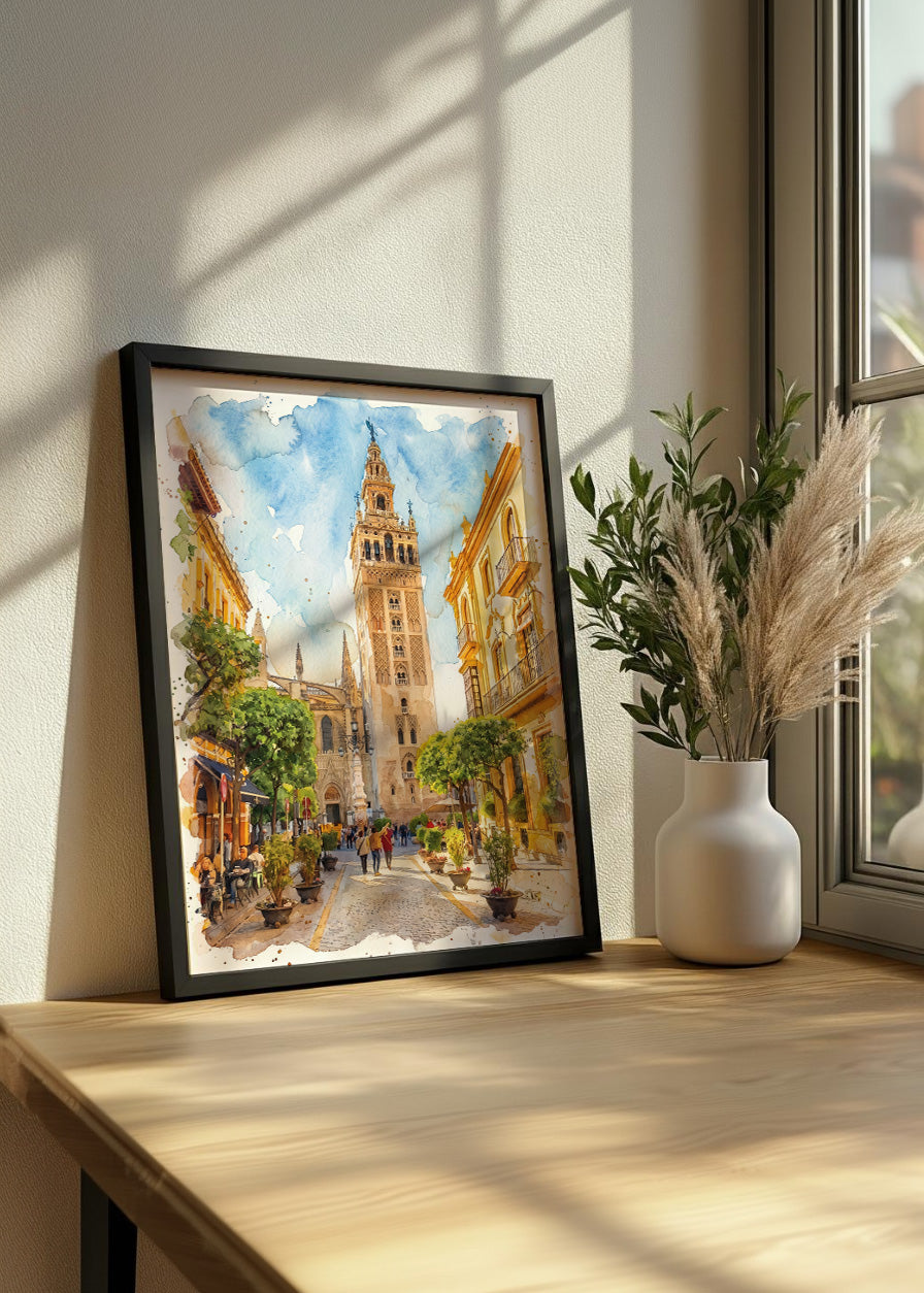 Cuadro Barrio Santa Cruz y Giralda de Sevilla estilo acuarela