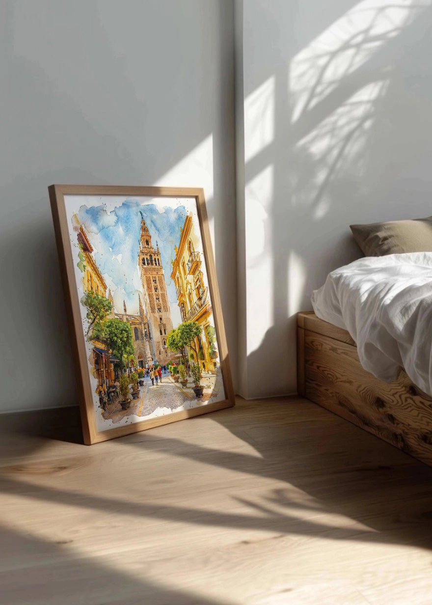 Cuadro Barrio Santa Cruz y Giralda de Sevilla estilo acuarela