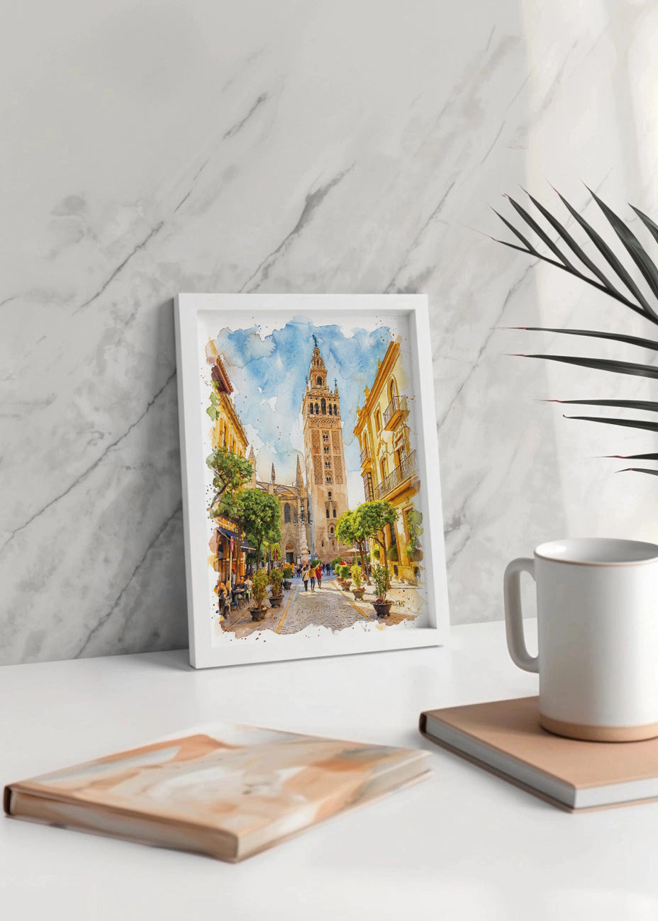 Cuadro Barrio Santa Cruz y Giralda de Sevilla estilo acuarela