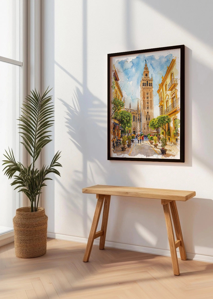 Cuadro Barrio Santa Cruz y Giralda de Sevilla estilo acuarela
