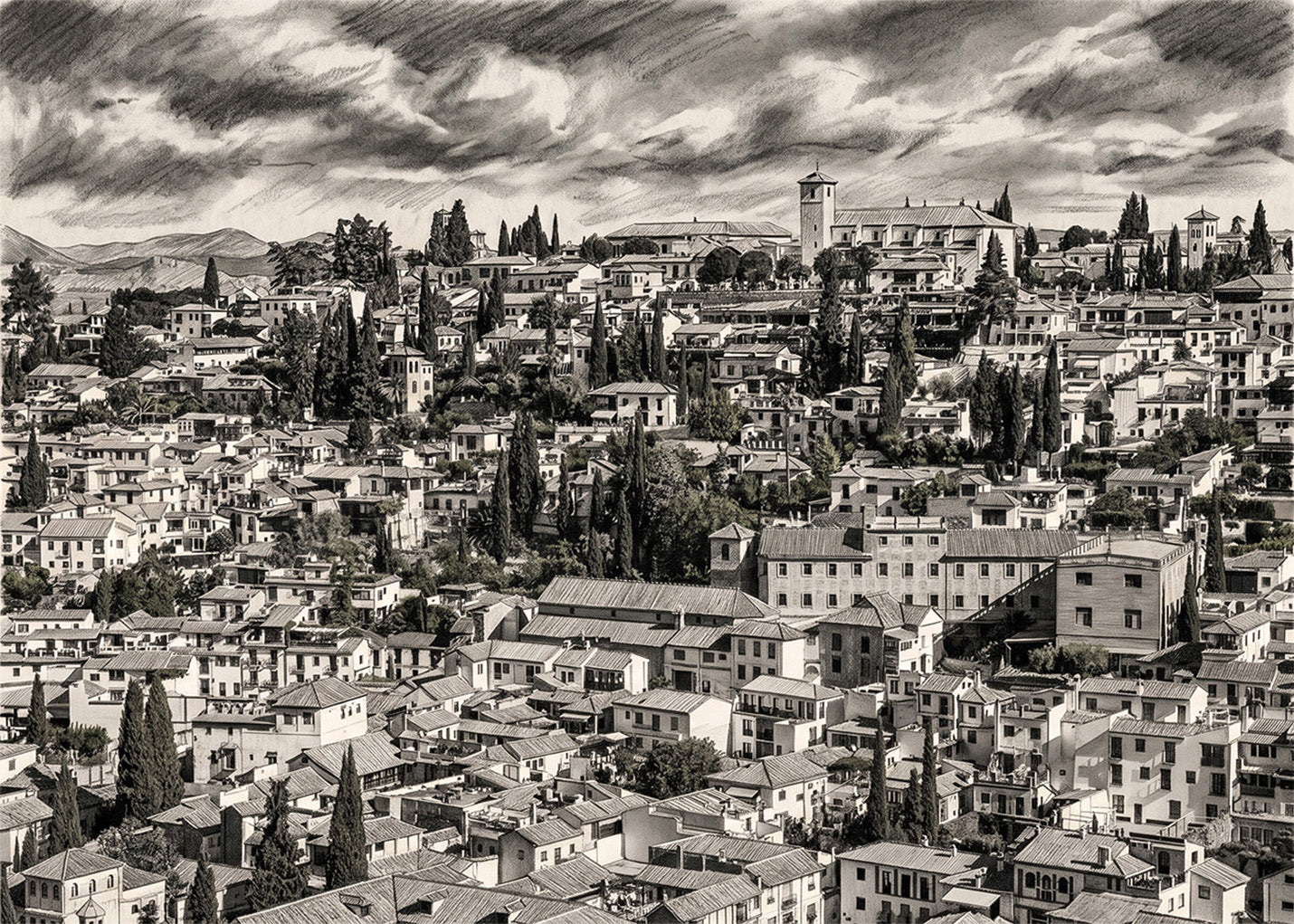 Cuadro Barrio del Albaizín de Granada efecto lápiz