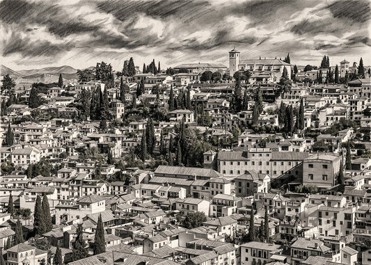 Cuadro Barrio del Albaizín de Granada efecto lápiz
