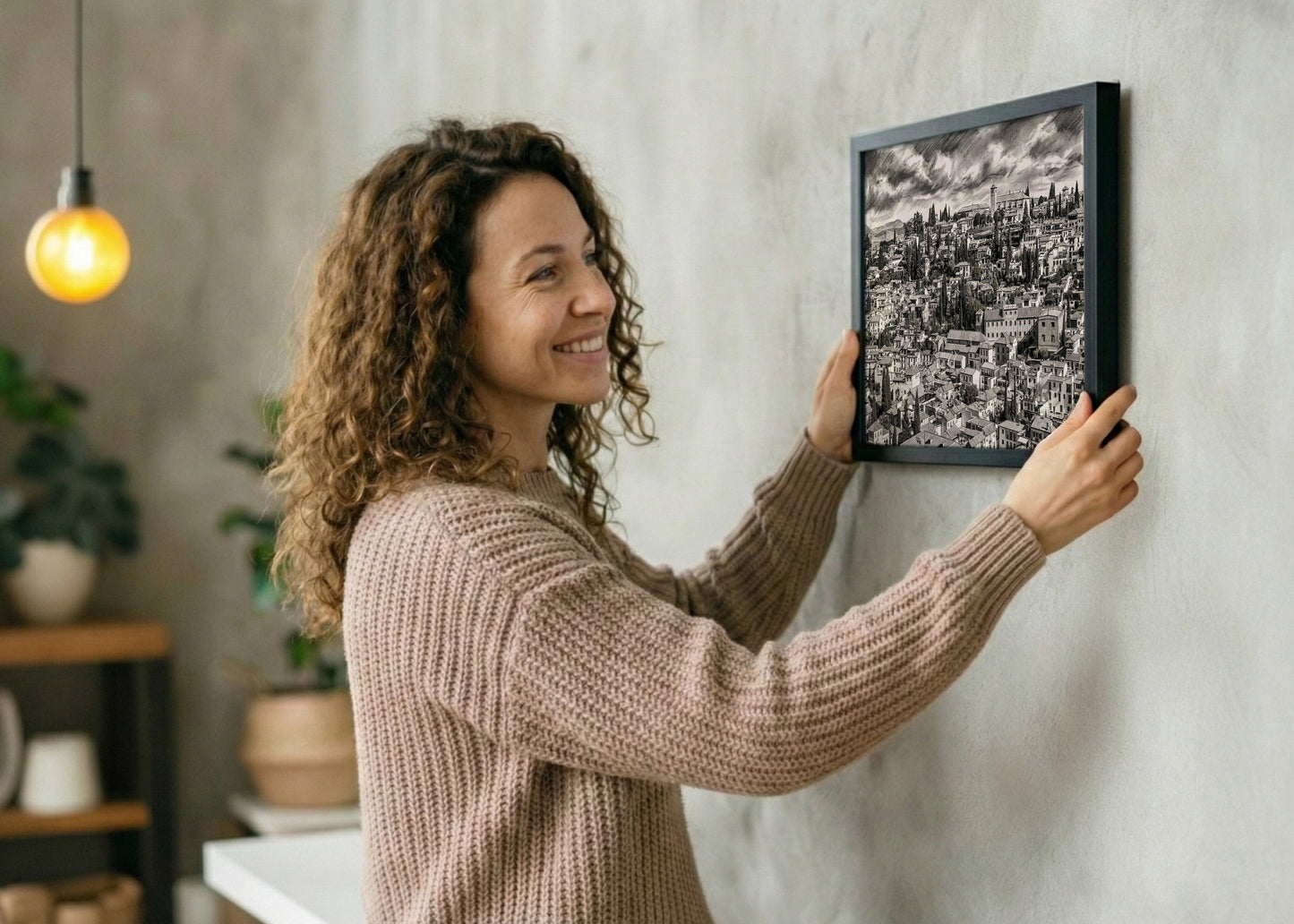 Cuadro Barrio del Albaizín de Granada efecto lápiz