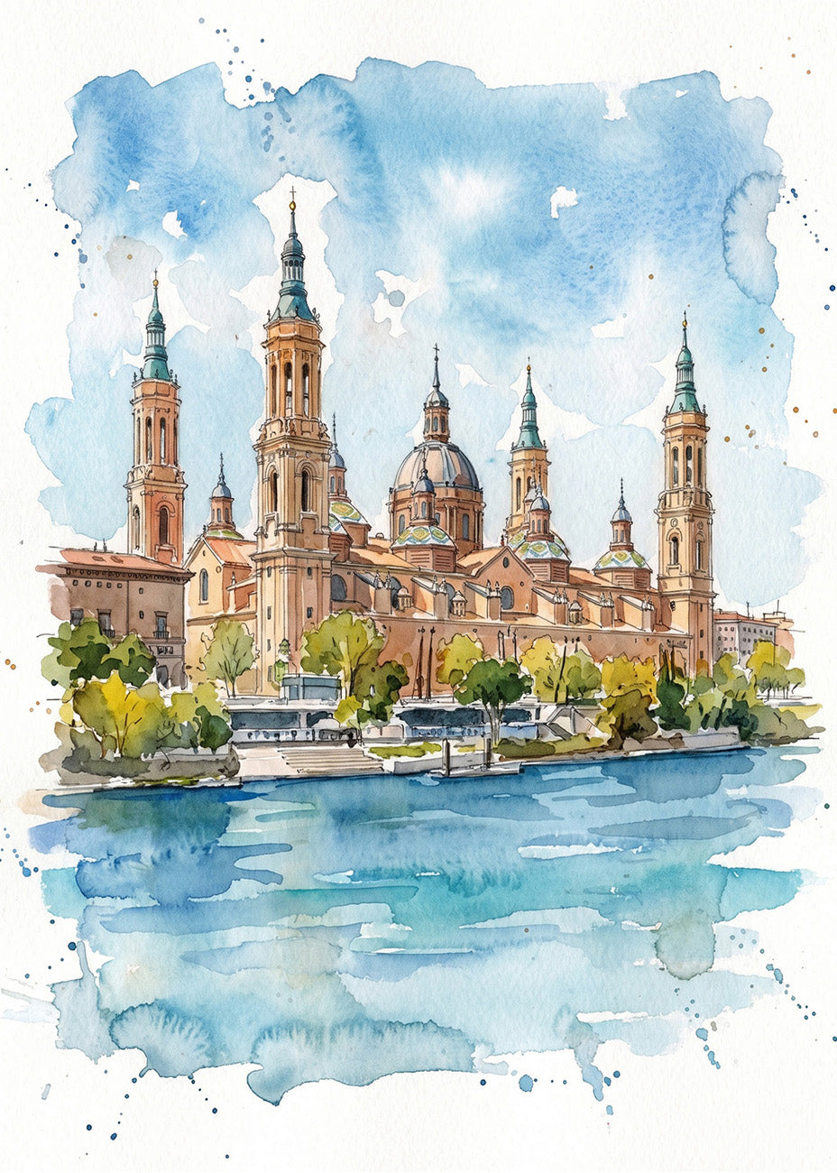 Cuadro Basílica de Zaragoza El Pilar estilo acuarela