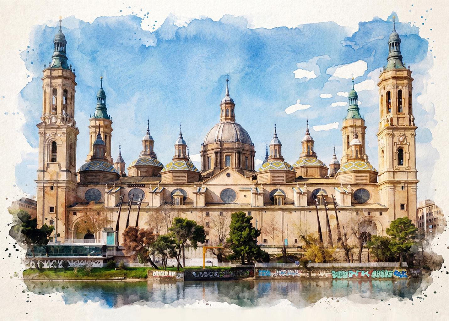 Cuadro Basílica del Pilar Zaragoza efecto acuarela