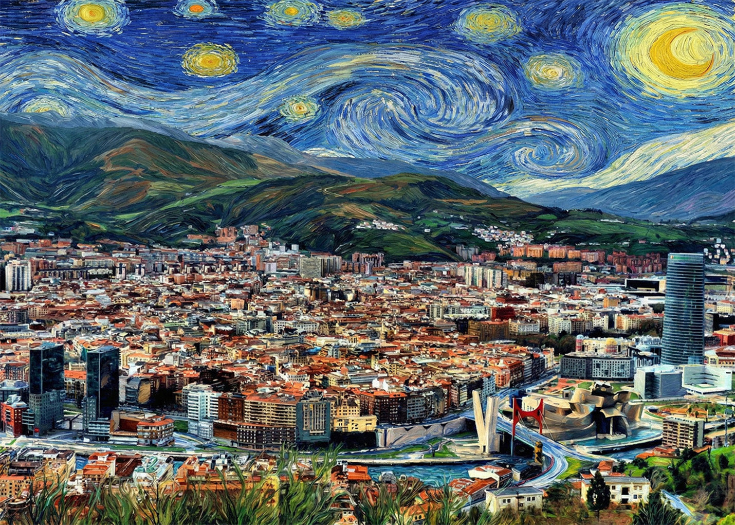 Cuadro Bilbao desde el Mirador de Artxanda - Noche Estrellada