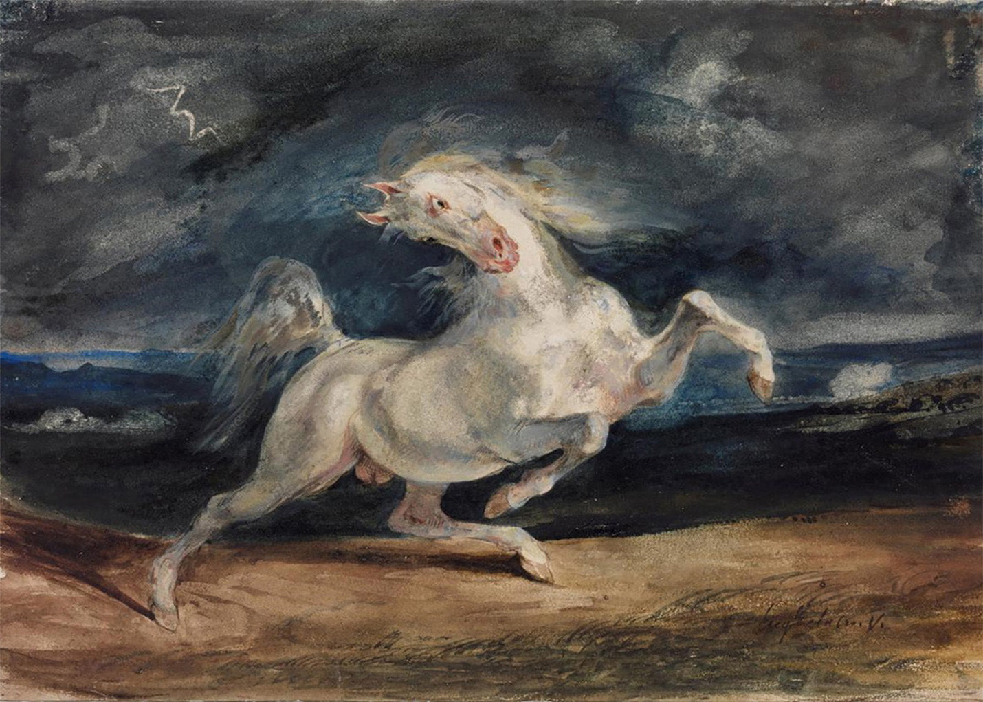 Cuadro ​Caballo blanco asustado por una tormenta (Eugene Delacroix)